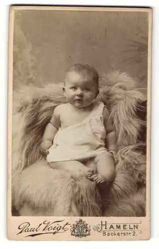 Fotografie Paul Voight, Hameln, Portrait Säugling auf Fell sitzend