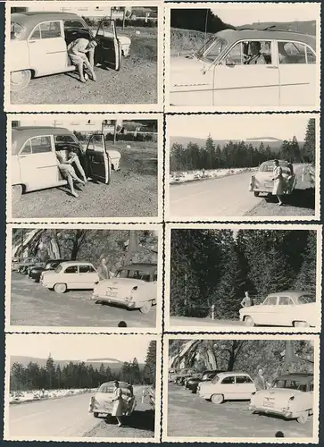 8 Fotografien Auto Opel Kapitän, Limousine mit Faltdach, Paar während einer Urlaubsfahrt mit dem PKW