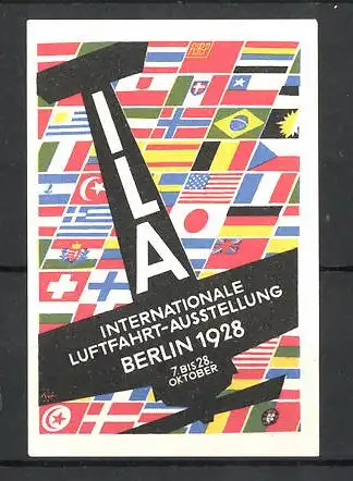 Reklamemarke Berlin, ILA Int. Luftfahrt-Ausstellung 1928, Flugzeug-Silhouette vor internationalen Fahnen