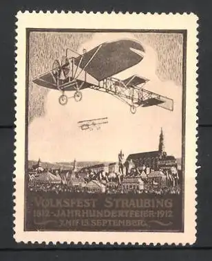 Reklamemarke Straubing, Volksfest und Jahrhundertfeier 1812-1912, Flugzeuge über der Stadt