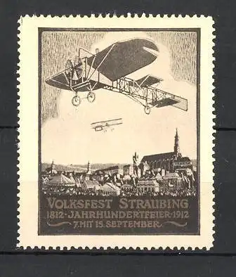 Reklamemarke Straubing, Volksfest & Jahrhundertfeier 1912, Flugzeuge und Stadtmotiv
