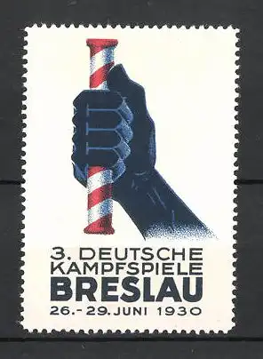 Reklamemarke Breslau, 3. Deutsche Kampfspiele 1930, Hand hält Staffelstab
