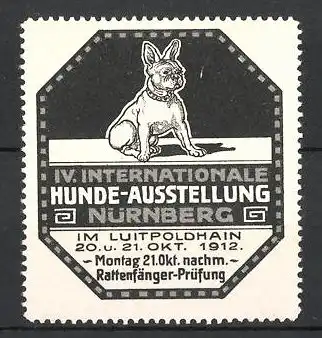 Reklamemarke Nürnberg, IV. Int. Hunde-Ausstellung 1912, französische Bulldogge, silber