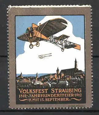 Reklamemarke Straubing, Volksfest & Jahrhundertfeier 1912, Flugzeuge über der Stadt