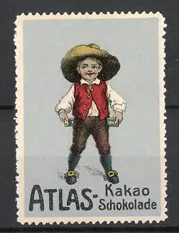 Reklamemarke Atlas Kakao & Schokolade, Knabe mit Cowboyhut & Tafeln Schokolade, silber
