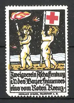 Reklamemarke Aschaffenburg, Zweigverein des bayer. Frauenvereins vom Roten Kreuz e.V., Putten mit Fahne und Fackel