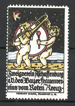 Reklamemarke Aschaffenburg, Zweigverein des bayer. Frauenvereins vom Roten Kreuz e.V., Putten mit Trommel & Posaune