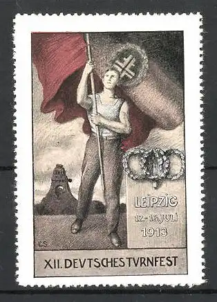 Reklamemarke Leipzig, XII. Deutsches Turnfest 1913, Athlet mit Deutscher Fahne, Völkerschlachtdenkmal im Hintergrund