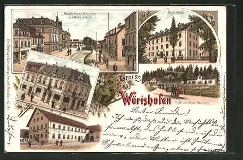 Lithographie Bad Wörishofen, Bachstrasse mit Hotel Luitpold, Hotel Urban, Hotel Krone, Hotel zur Stadt München