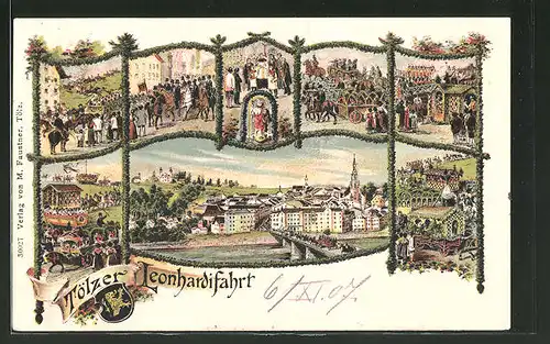 Lithographie Bad Tölz, Motive von der Tölzer Leonhardifahrt