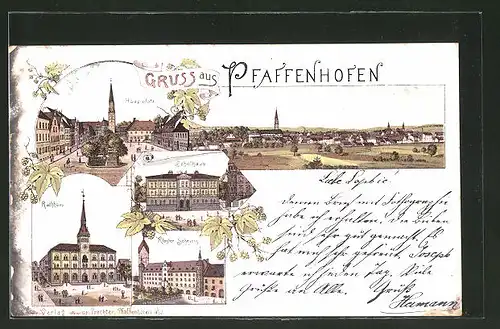 Lithographie Pfaffenhofen, Schulhaus, Hauptplatz, Rathaus, Kloster Scheyern, Panorama