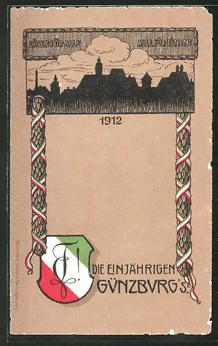 Künstler-AK Günzburg, Absolvia 1912 "Die Einjährigen", Wappen