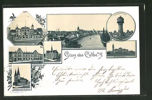 Lithographie Calbe, Wasserturm, Bartelshof, Rathaus u. Denkmal