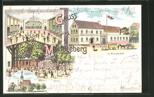 Lithographie Markkleeberg, Gasthof zum Heiteren Blick, Kirche
