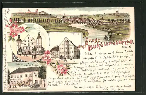 Lithographie Burglengenfeld, Gasthaus Pfälzerhof, Gasthof zur Post, Rathaus