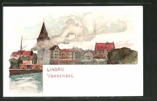 Künstler-AK Fritz Voellmy: Lindau, Panoramablick mit Dampfer