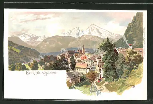 Künstler-AK Otto Strützel: Berchtesgaden, Ortspartie im Gebirge