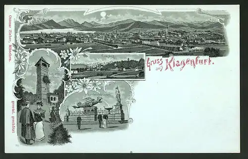 Mondschein-Lithographie Klagenfurt, Aussichtsthurm, Kreuzberg, Lindwurmbrunnen