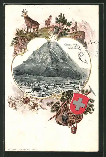 Passepartout-Lithographie Glarus, Ortsansicht mit Blick zum Glärnisch, Passepartout mit Gemsen