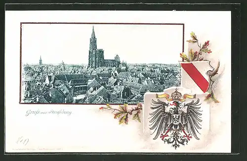 Passepartout-Lithographie Strassburg, Teilansicht mit Münster, Stadt-Wappen