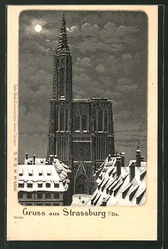 Winter-Lithographie Strassburg, Münster bei Vollmond im Winter