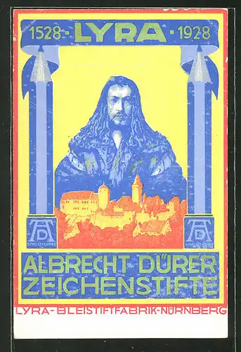 Künstler-AK Reklame für Albrecht Dürer Zeichenstifte der Lyra-Bleistiftfabrik in Nürnberg
