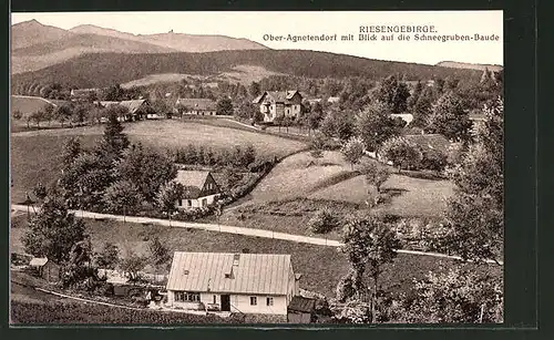 AK Ober-Agnetendorf, Ortsansicht mit Blick auf die Schneegruben-Baude