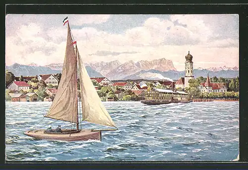 Künstler-AK Seeshaupt, Blick vom Starnberger See auf den Ort