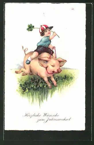 AK Kleiner Junge reitet auf einem Schwein über das Kleeblattfeld