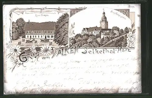 Lithographie Selkethal, Gasthaus zum Falken, Burg Falkenstein