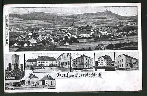 AK Oberviechtach, Marktplatz, Bahnhof, Amtsgericht, Ortsansicht
