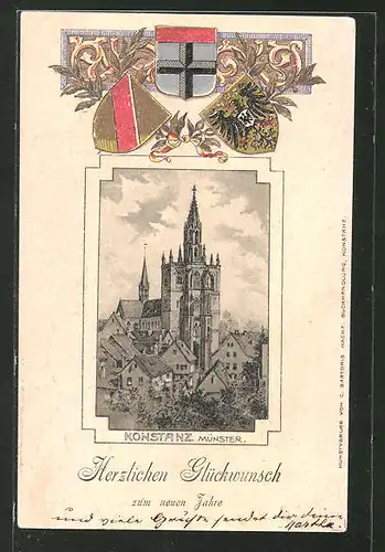 Passepartout-Lithographie Konstanz, Blick zum Münster, Wappen