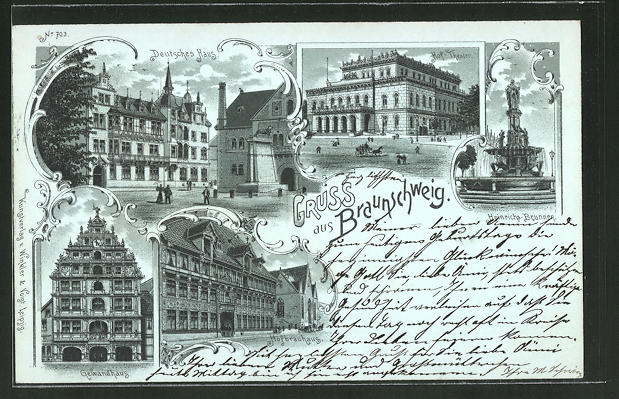 Mondschein Lithographie Braunschweig Hotel Deutsches Haus Hof