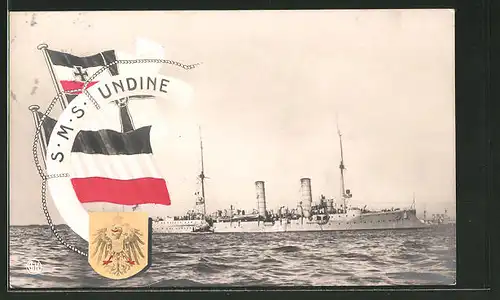 AK Kriegsschiff S.M.S. Udine, Reichskriegsflagge und Wappen