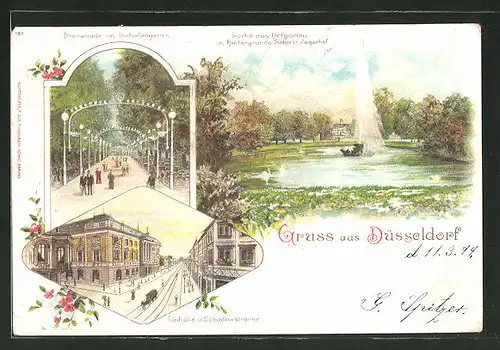 Lithographie Düsseldorf, Schadowstrasse mit Tonhalle, Promenade im Garten, Teich im Hofgarten
