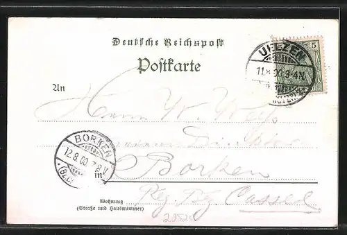 Lithographie Uelzen, Haidschnucken, Kaiserl. Postamt, Fischerhof, Bahnhof