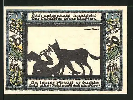 Notgeld Gollnow 1921, 50 Pfennig, Bauer mit Rinderpflug, Husar mit Hund