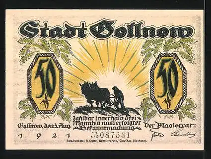 Notgeld Gollnow 1921, 50 Pfennig, Bauer mit Rinderpflug, Husar mit Hund