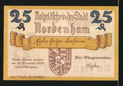 Notgeld Nordenham 1922, 25 Pfennig, Stadtwappen, Bürgeraufstand