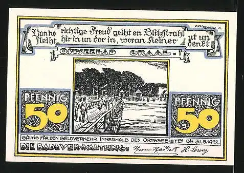 Notgeld Ostseebad Graal 1922, 50 Pfennig, Waldpartie am Meer, Seebrücke