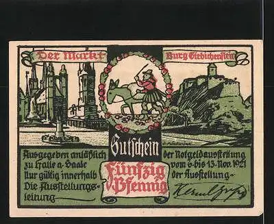 Notgeld Halle an der Saale 1921, 50 Pfennig, Marktplatz und Burg Giebichenstein, Luthers letzte Fahrt nach Halle