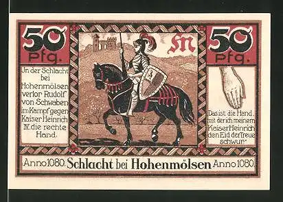 Notgeld Hohenmölsen, 50 Pfennig, Stadtwappen und Stadtsilhouette, Schlacht bei Hohenmölsen 1080