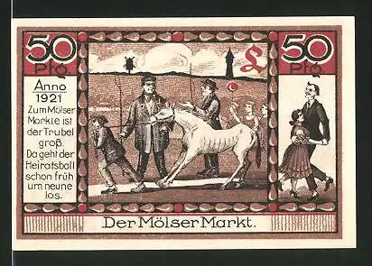 Notgeld Hohenmölsen, 50 Pfennig, Stadtwappen und Stadtsilhouette, der Mölser Markt