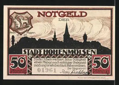 Notgeld Hohenmölsen, 50 Pfennig, Stadtwappen und Stadtsilhouette, der Mölser Markt