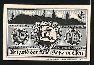 Notgeld Hohenmölsen, 20 Pfennig, Stadtwappen und Stadtsilhouette, Rathaus