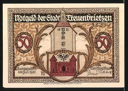 Notgeld Treuenbrietzen 1921, 50 Pfennig, Stadtwappen, Mutter Gottes von Treuenbrietzen