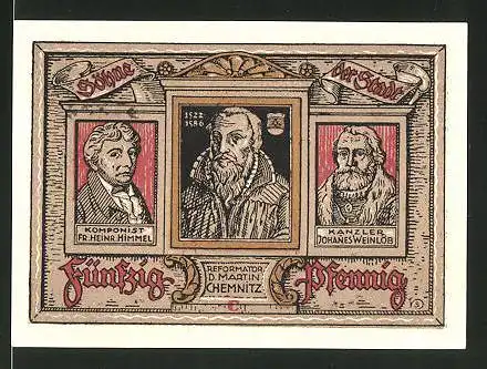 Notgeld Treuenbrietzen 1921, 50 Pfennig, Stadtwappen, Chemnitz-, Weinlöb-und Himmel-Porträt