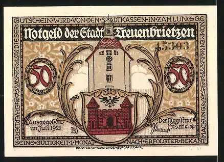 Notgeld Treuenbrietzen 1921, 50 Pfennig, Stadtwappen, Chemnitz-, Weinlöb-und Himmel-Porträt