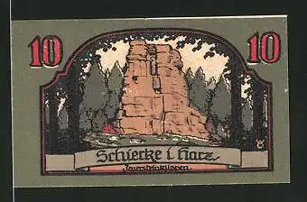 Notgeld Schierke im Harz 1921, 10 Pfennig, Goethe-Porträt, Feuersteinklippen