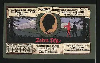 Notgeld Schierke im Harz 1921, 10 Pfennig, Goethe-Porträt, Feuersteinklippen